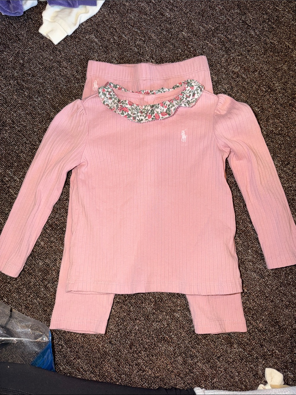Ralph Lauren Pink Ribbed Long-Sleeve Top with Floral Ruffle Collar - baby 18m